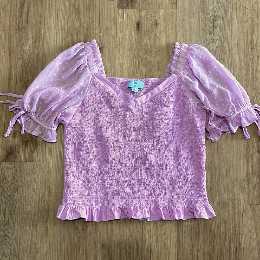 CeCe. Lavender Puff Short Sleeve Smocked Stretchy Bodied Top w Bows